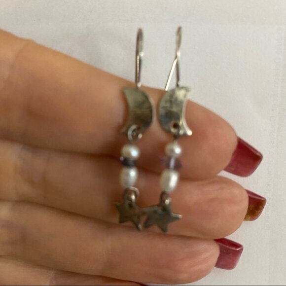 EARRINGS Sterling Silver 925 wires moon star drop crystal pierced celestial - Picture 2 of 7